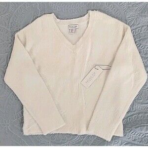 NWT Rachel Zoe Ivory Eyelash Fuzzy Fur V-Neck Sweater Size S